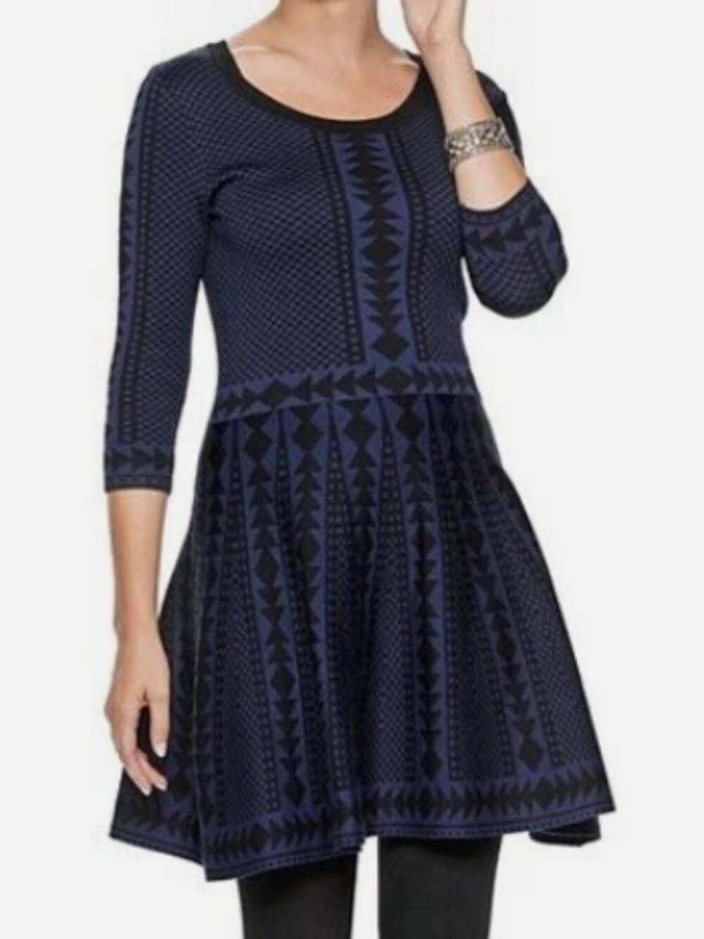 Nina Leonard Knit Sweater Dress Blue Black 3/4 Sleeves Fit & Flare Size XL NWT